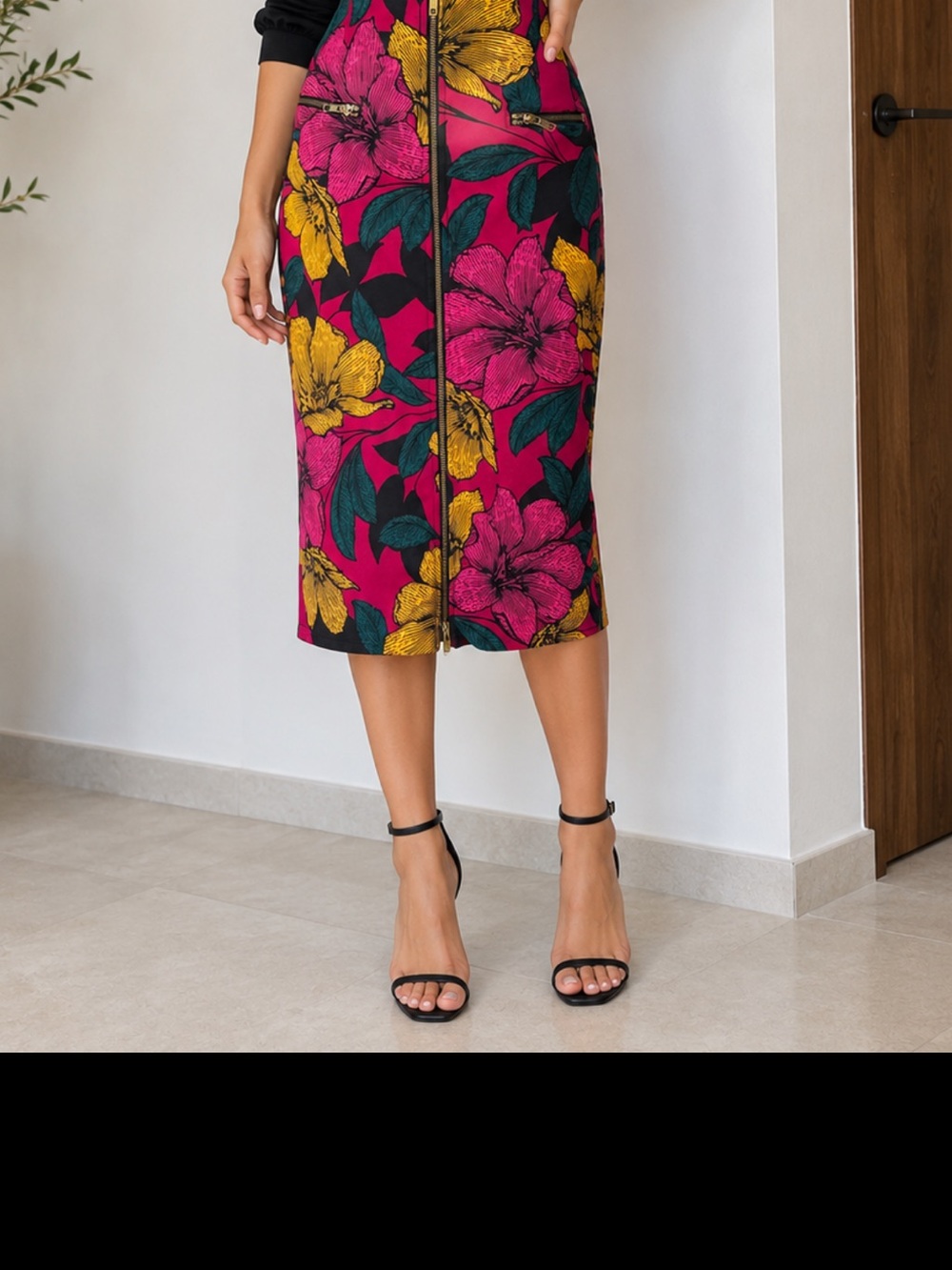 Worthington Magenta Floral Zip-Front Midi Skirt with Yellow & Green Accents